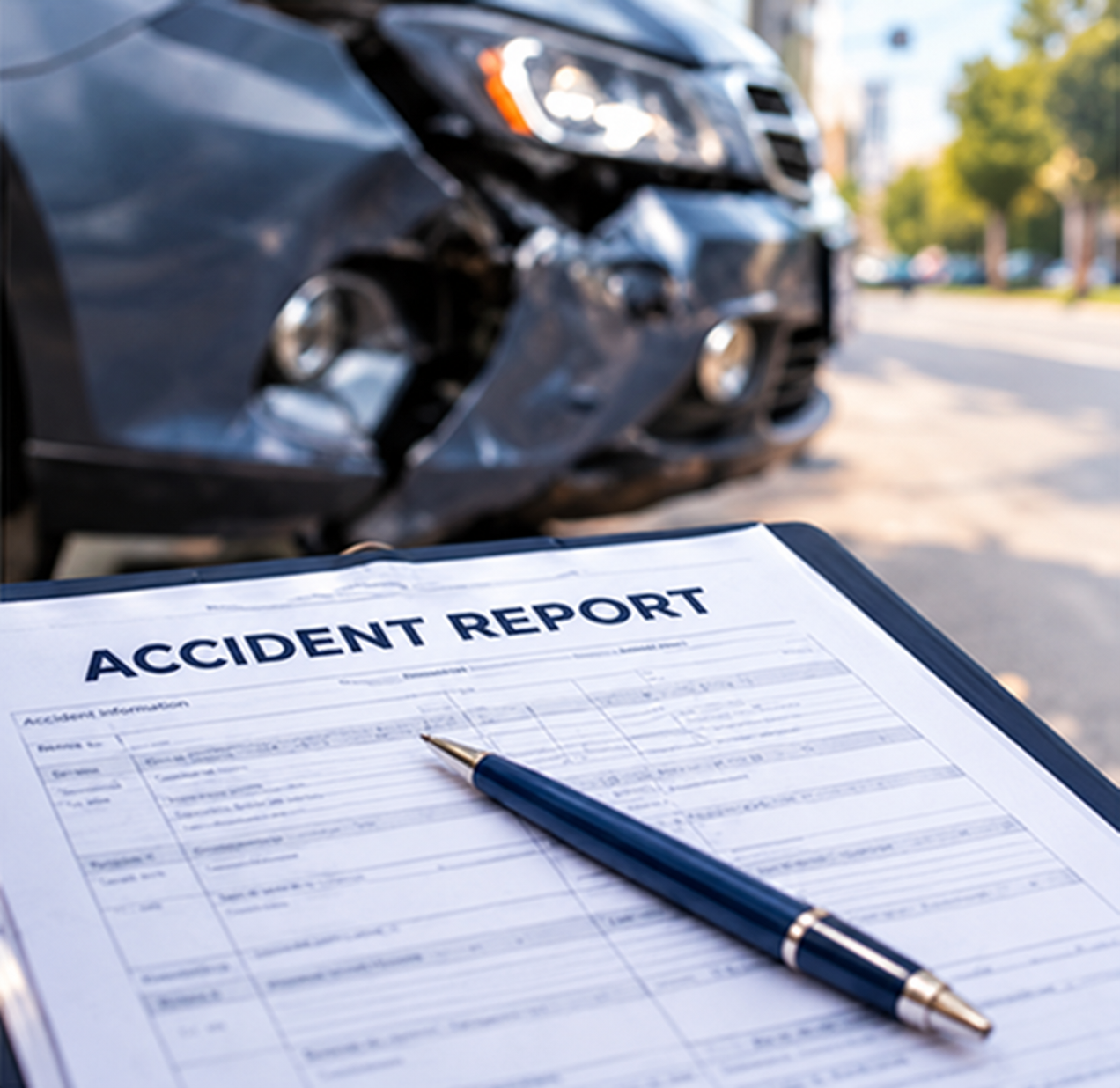 An accident report beside a damaged vehicle